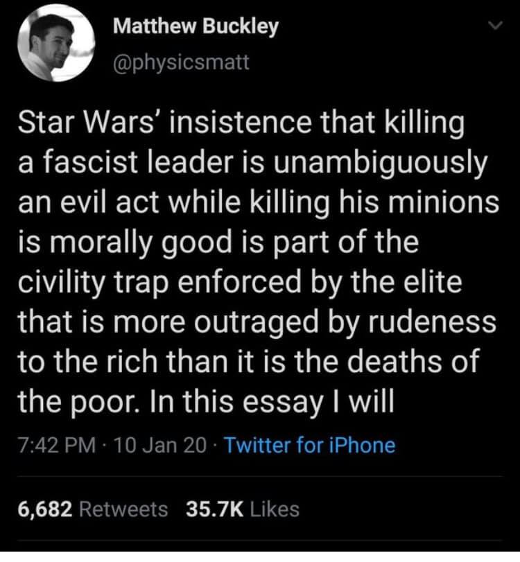 The meme is a screenshot of a tweet from a Twitter user named @physicsmatt, who has taken a quote from the Star Wars prequels and rewritten it to sound like a parody of a serious academic essay. The rewritten quote is presented as a serious academic essay, complete with citations and a title, but is actually a humorous take on the infamous line "Do. Or do not. There is no try." from the Star Wars prequels.